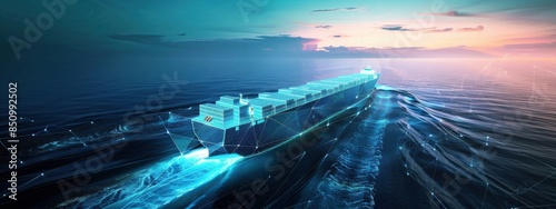 Smart Container Ship: A container ship equipped with smart technologies, including IoT devices, AI systems, and advanced navigation tools, ensuring safe and efficient voyages. photo