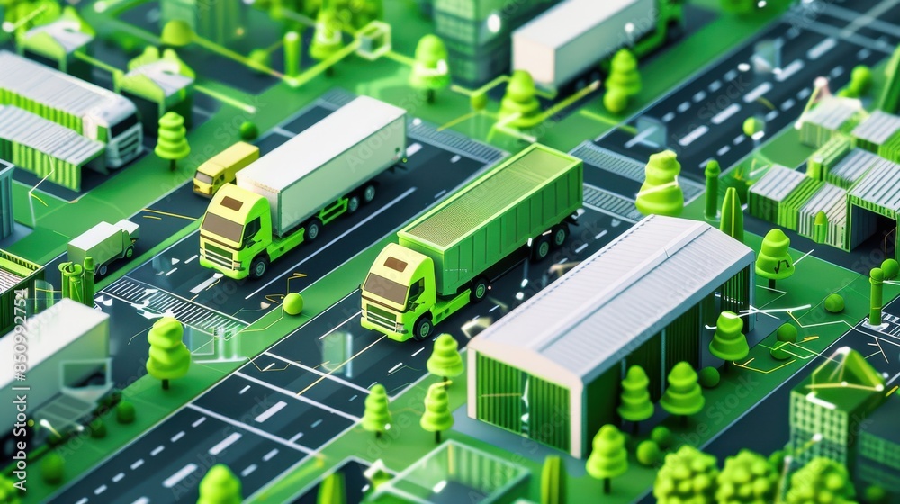Sustainable Supply Chain: A comprehensive illustration of a sustainable supply chain with renewable energy-powered vehicles, green warehouses, and eco-friendly practices.
