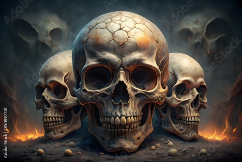 A group of skulls with a dark background. photo