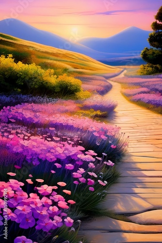 Magical road among blooming flowers .AI generated