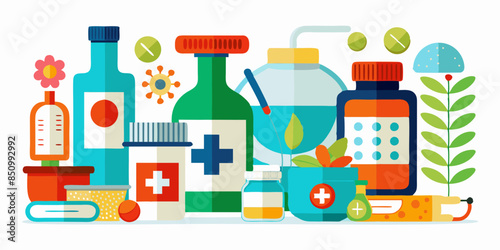 Pills concept. medicine pills capsules and blisters collection. Vector illustration pharmaceutical objects business concept. photo