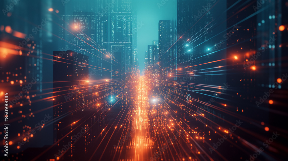 Abstract information flowing through digital cityscape with glowing lines