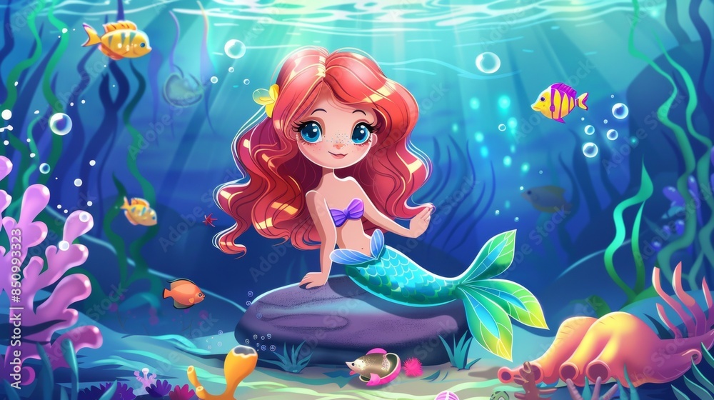Fototapeta premium Beautiful mermaid in deep sea.