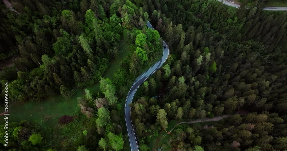 Aerial view of a beautiful mountain road in the Dolomite Alps of Italy. Dangerous serpentine road in the forest, travel and tourism by car. High quality 4k footage Aerial view of a beautiful mountain road in the Dolomite Alps of Italy. Dangerous serpentine road in the forest, travel and tourism by car. High quality 4k footage
