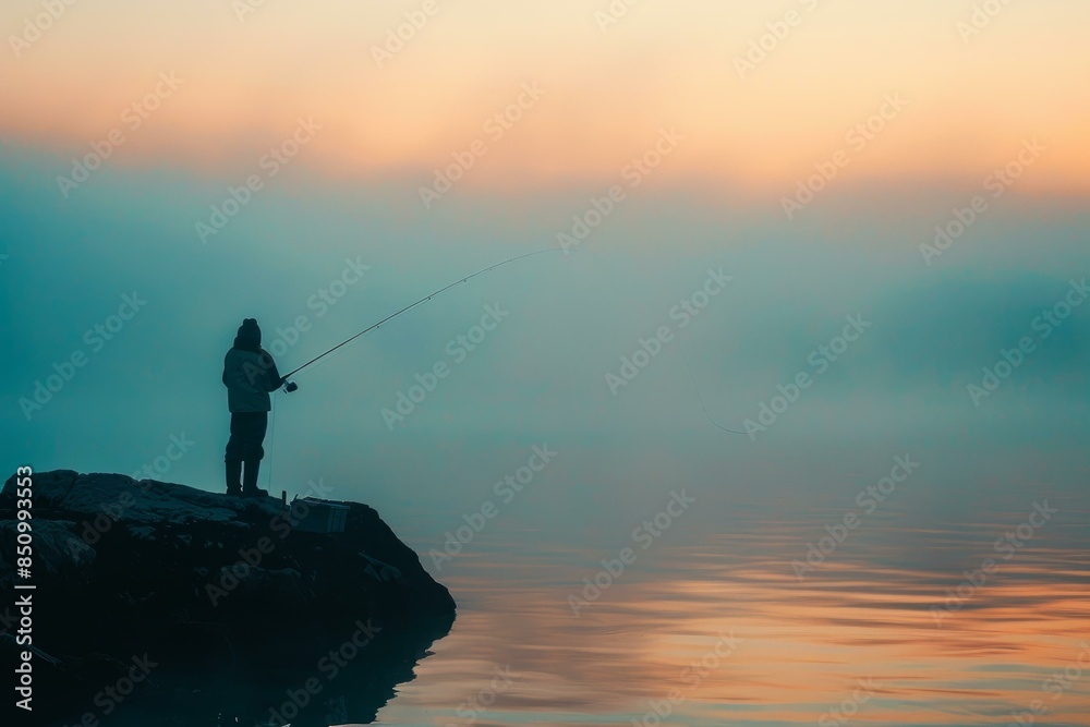 Silhouette of a person fishing on a misty lake during a tranquil sunrise Silhouette of a person fishing on a misty lake during a tranquil sunrise