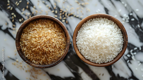 White rice flour and brown rice in wooden bowl 