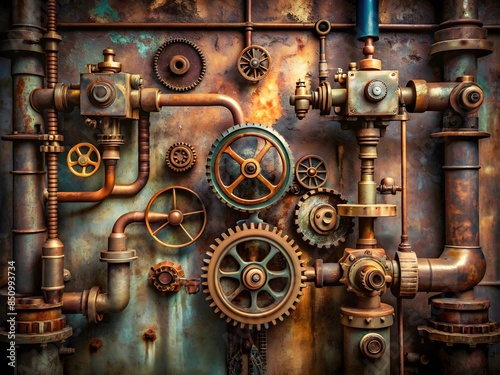 An Intricate Steampunk Background With Pipes, Gears, And Valves. © Adisorn