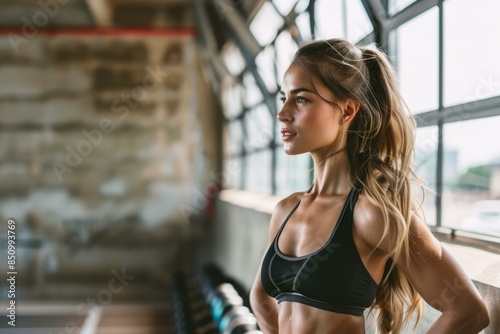 Free Download Athletic young woman in sportswear stands thoughtfully in a gym, ready for fitness training - GFXLoad