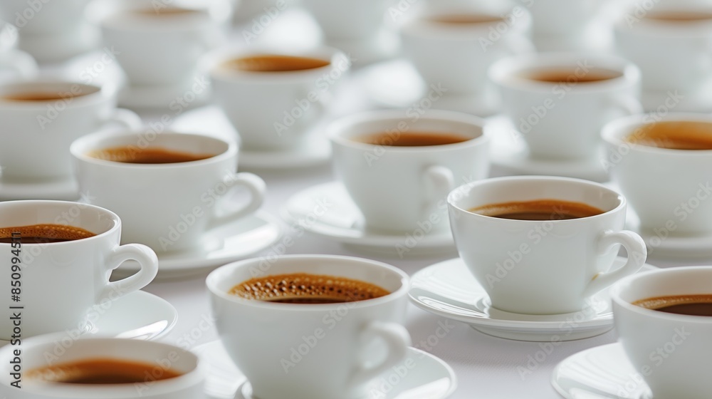 Multiple Cups of Coffee on White Background. Rows of White Coffee Cups Multiple Cups of Coffee on White Background. Rows of White Coffee Cups