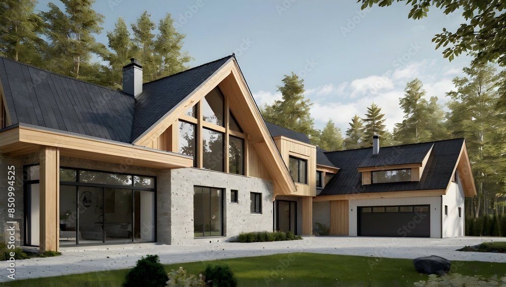 Scandinavian contemporary house, gable roof, large windows, photorealistic, smooth limestone accents, light wood accents, double garage, driveway Scandinavian contemporary house, gable roof, large windows, photorealistic, smooth limestone accents, light wood accents, double garage, driveway