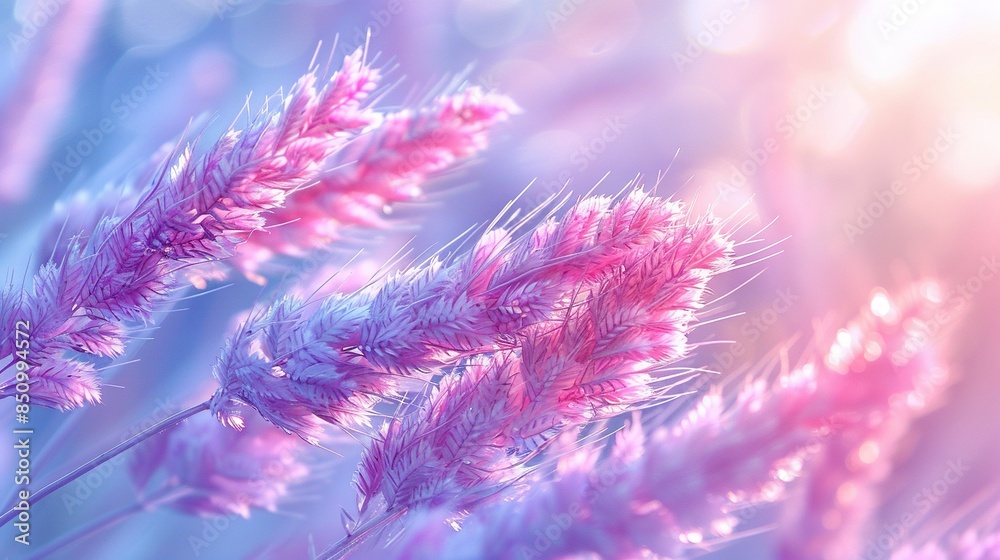  A clear photo of multiple pink flowers against a blue and pink backdrop, with the sun illuminating the scene from behind