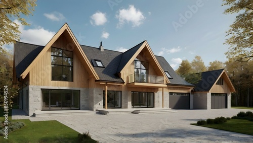 Scandinavian contemporary house, gable roof, large windows, photorealistic, smooth limestone accents, light wood accents, double garage, driveway © Hataf