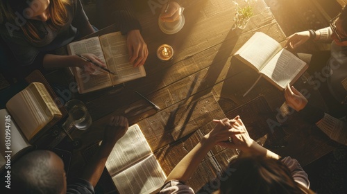 Small church group studies the Bible together.