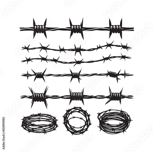 
Barber Wire set isolated white background. Razor Wire in trendy minimal geometric style. Brutal prison fence collection. Vector illustration can used web design