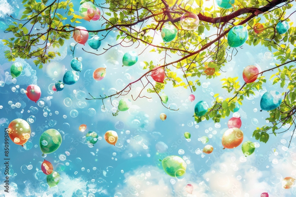 Experience the joy of a colorful water balloon canopy in this whimsical illustration, as the balloons hang from a tree branch like a vibrant chandelier. Experience the joy of a colorful water balloon canopy in this whimsical illustration, as the balloons hang from a tree branch like a vibrant chandelier.