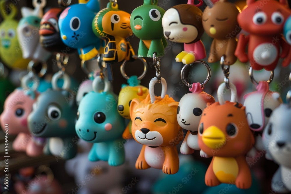 A colorful collection of animated school mascot keychains hanging from a hook, ready to show off your school spirit. A colorful collection of animated school mascot keychains hanging from a hook, ready to show off your school spirit.