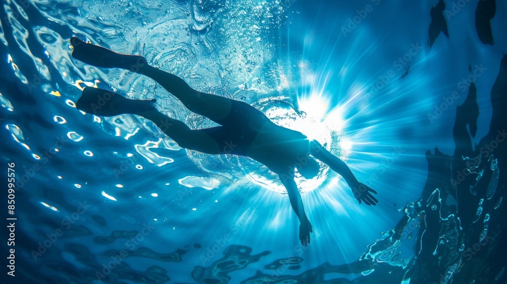 Fototapeta premium A diver diving underwater with light rays in deep sea.