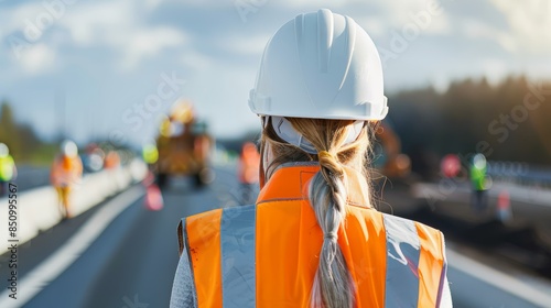 Female engineer in white hard hat and vest, supervising road construction, blue sky, crews working diligently, progress on motorway, seen from behind photo