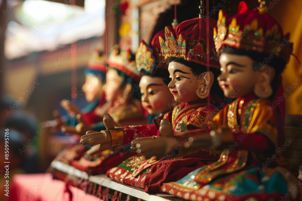 Obraz premium Experience the lively atmosphere of a delightful performance in this enchanting puppet show set against a vibrant backdrop.