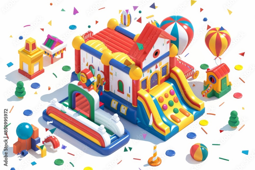 An overhead shot of a colorful bouncy bounce house surrounded by cheerful school-themed decorations, set against a clear white background. An overhead shot of a colorful bouncy bounce house surrounded by cheerful school-themed decorations, set against a clear white background.