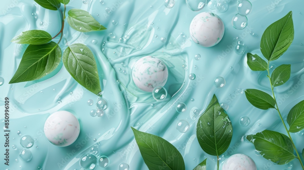 Elegant top view of skincare product with marble textures, bubbles, and leaves in calm blue water, high-end mockup Elegant top view of skincare product with marble textures, bubbles, and leaves in calm blue water, high-end mockup