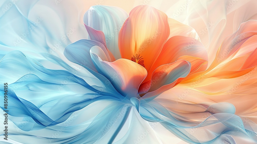 A depiction of an orange-hued bloom against a backdrop of blue and white, with a prominent pink blossom at its core A depiction of an orange-hued bloom against a backdrop of blue and white, with a prominent pink blossom at its core