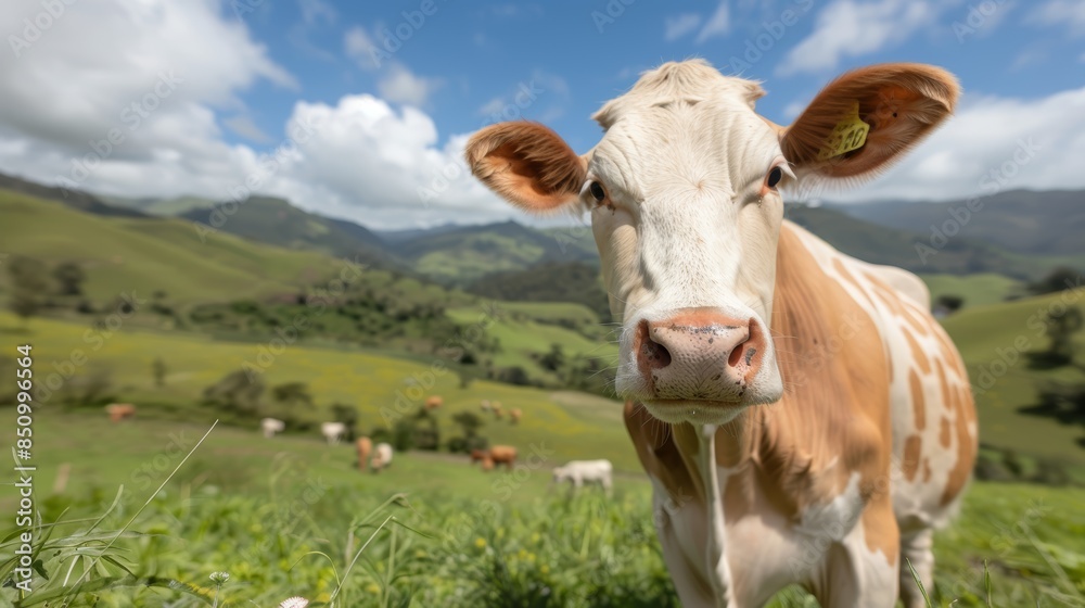 Farmer in a lush green pasture with a cow, high-tech robotic assistant tending to tasks, rolling hills and clear blue skies, vibrant colors, sustainable livestock farming Farmer in a lush green pasture with a cow, high-tech robotic assistant tending to tasks, rolling hills and clear blue skies, vibrant colors, sustainable livestock farming