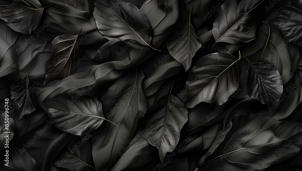Fototapeta premium A sophisticated image featuring an intricate pattern of black leaves on a textured black fabric background. The dark, monochromatic theme creates a sense of depth and elegance