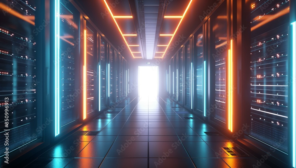 A state-of-the-art data center with glowing orange and blue neon lights illuminating server racks on both sides. The futuristic hallway features a high-tech ambiance with a bright exit at the end, A state-of-the-art data center with glowing orange and blue neon lights illuminating server racks on both sides. The futuristic hallway features a high-tech ambiance with a bright exit at the end,