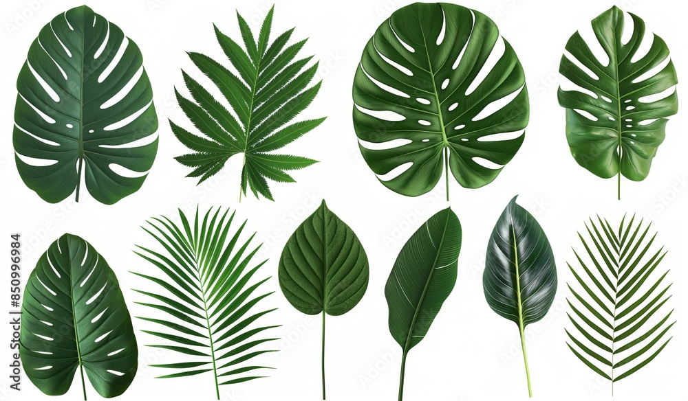 A vibrant set of green palm leaves isolated on a white background, featuring various types including monstera and fan palm leaves, showcasing their unique and detailed textures and shapes. A vibrant set of green palm leaves isolated on a white background, featuring various types including monstera and fan palm leaves, showcasing their unique and detailed textures and shapes.