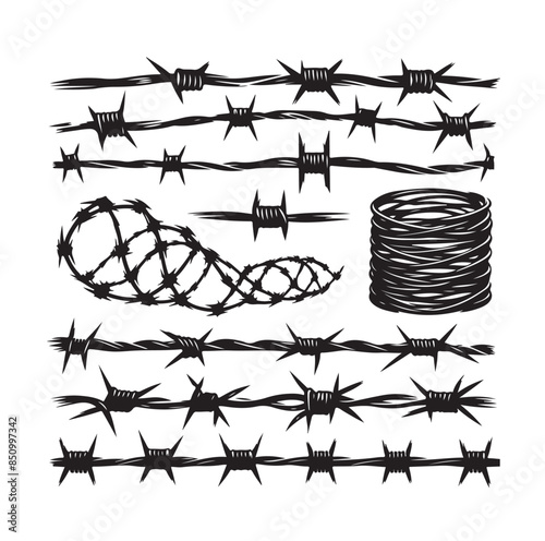 
Barber Wire set isolated white background. Razor Wire in trendy minimal geometric style. Brutal prison fence collection. Vector illustration can used web design