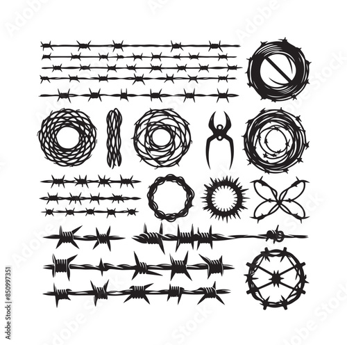 
Barber Wire set isolated white background. Razor Wire in trendy minimal geometric style. Brutal prison fence collection. Vector illustration can used web design