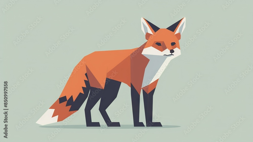 Obraz premium A red fox stands in a green background with a shadow on its tail