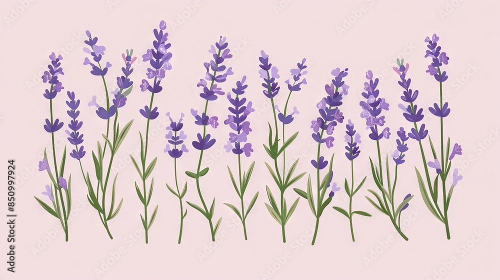 Naklejka premium A line of lavender flowers on a pink backdrop, labeled Lavender