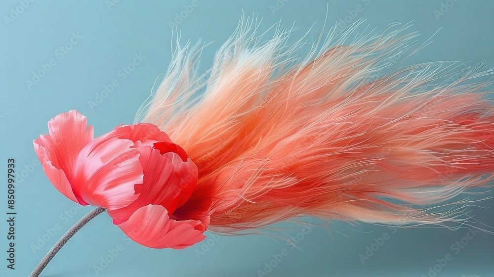 A close-up image of a pink flower adorned with a feather on its stem, set against a blue backdrop A close-up image of a pink flower adorned with a feather on its stem, set against a blue backdrop