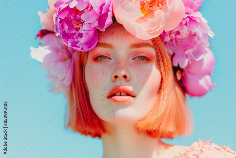 woman with straight peach color hair wearing a pink orange and purple peonies flower crown, wearing pastel peach color clothes, sunny, dewy skin, etherial woman with straight peach color hair wearing a pink orange and purple peonies flower crown, wearing pastel peach color clothes, sunny, dewy skin, etherial