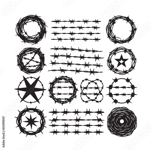 
Barber Wire set isolated white background. Razor Wire in trendy minimal geometric style. Brutal prison fence collection. Vector illustration can used web design