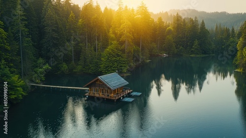 Cabin on a Lake in the Forest at Sunset