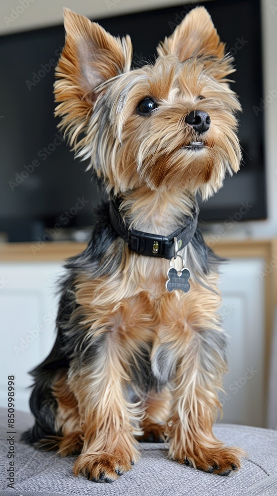 a modern living room with a sofa, dog-friendly floor cushion, and pillows against a white brick wall, featuring a small Yorkshire Terrier lying on the couch. a modern living room with a sofa, dog-friendly floor cushion, and pillows against a white brick wall, featuring a small Yorkshire Terrier lying on the couch.