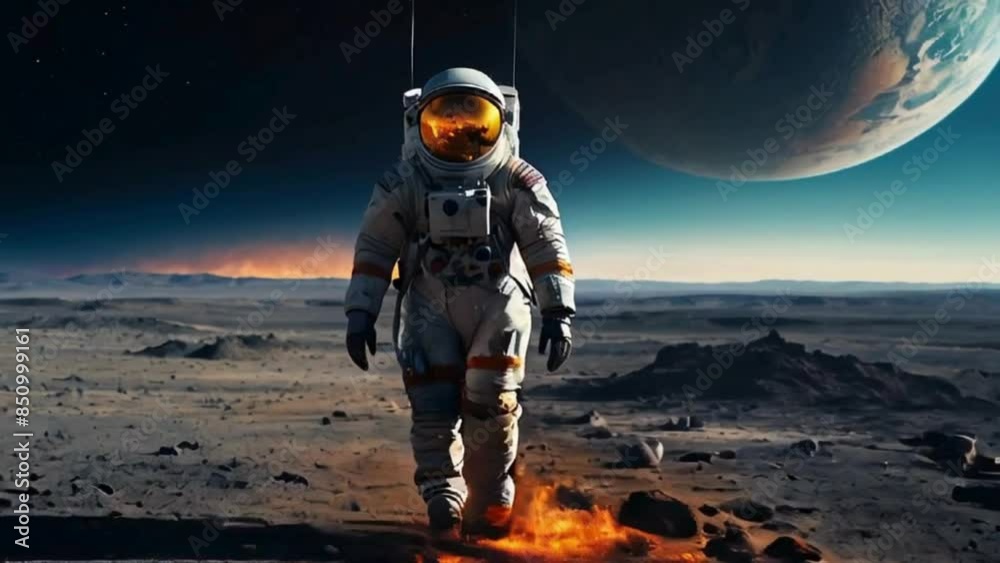 astronaut in spacesuit walking on the moon, discovering alternative planet Earth life, making step gravity galacticspace journey