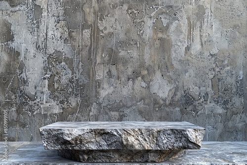 Soft grey stone podium on a matching stonetextured background, seamlessly blending photo