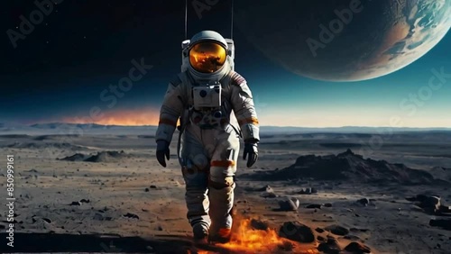 astronaut in spacesuit walking on the moon, discovering alternative planet Earth life, making step gravity galacticspace journey