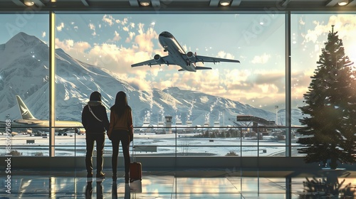 Wallpaper Mural Young couple watching planes take off through an airport window  Torontodigital.ca