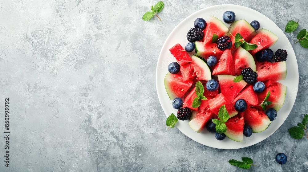 a watermelon and blueberry salad with a honey drizzle on a white plate, depicting a summer food concept against a light background. a watermelon and blueberry salad with a honey drizzle on a white plate, depicting a summer food concept against a light background.