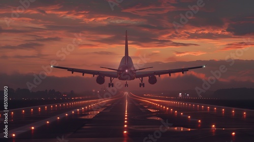 Wallpaper Mural A plane taking off at dawn, runway lights guiding the way  Torontodigital.ca