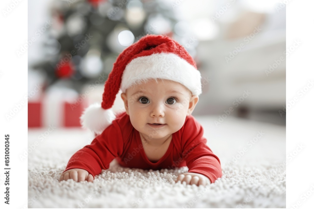 Adorable Baby in Santa Costume on White Background Generative AI Adorable Baby in Santa Costume on White Background Generative AI