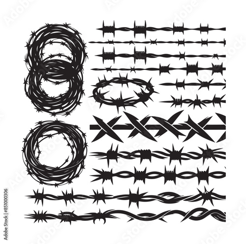 
Barber Wire set isolated white background. Razor Wire in trendy minimal geometric style. Brutal prison fence collection. Vector illustration can used web design