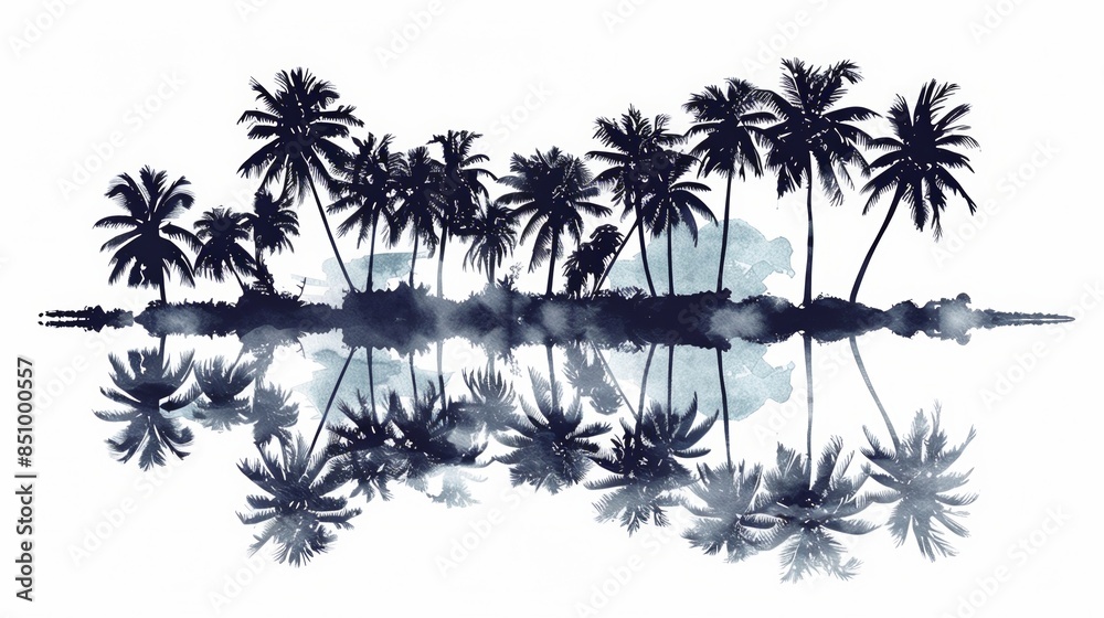 Beautiful watercolor painting of tropical beach with coconut trees for poster greeting card design
