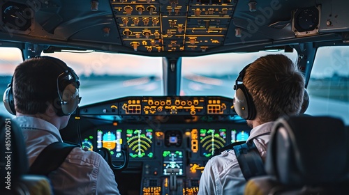 Wallpaper Mural Pilots in a cockpit preparing for takeoff, various instruments and controls  Torontodigital.ca