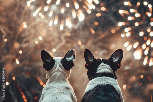 A pair of Boston Terriers watching fireworks on New Yeara??s Eve. photo